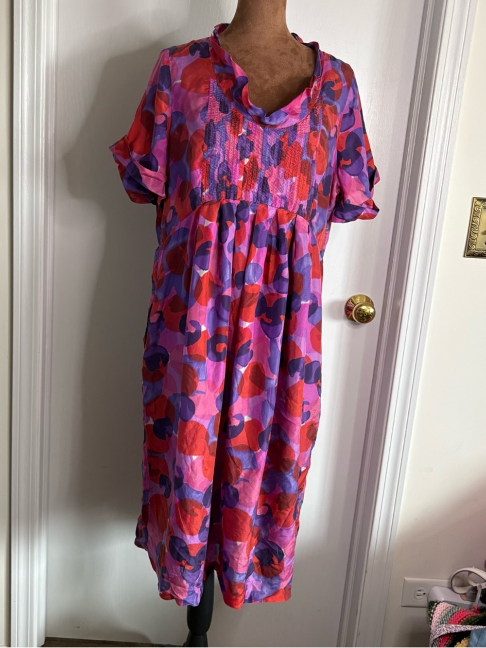 JIGSAW 100% Silk Abstract Floral Midi Dress Scoop Neck Short Sleeve Lined